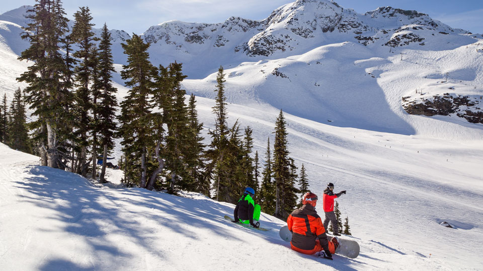 Eine Gruppe von Snowboardern genießt die atemberaubende Aussicht in den Hängen von British Columbia - (Foto: ©Adam Melnyk/Shutterstock)