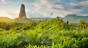 Der nadelförmige Vulkankern Pico Cão Grande überragt den Regenwald im Süden der Insel. © Justin Foulkes