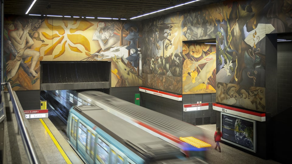 Die riesigen Wandgemälde des Künstlers Mario Toral zeigen Fragmente der chilenischen Geschichte in der Metrostationder Universidad de Chile, © Philip Lee Harvey
